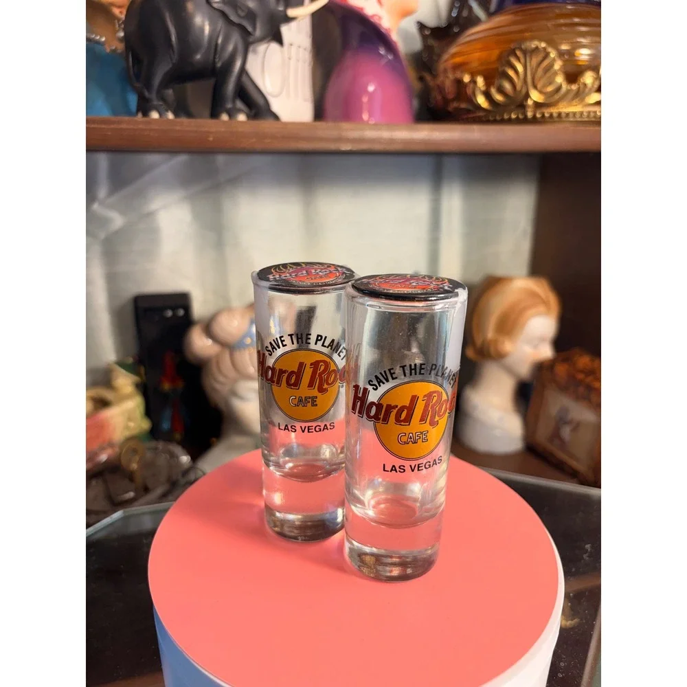 Hard Rock Cafe Las Vegas Save The Planet Shot Glass Pair with Pin Backs Clear